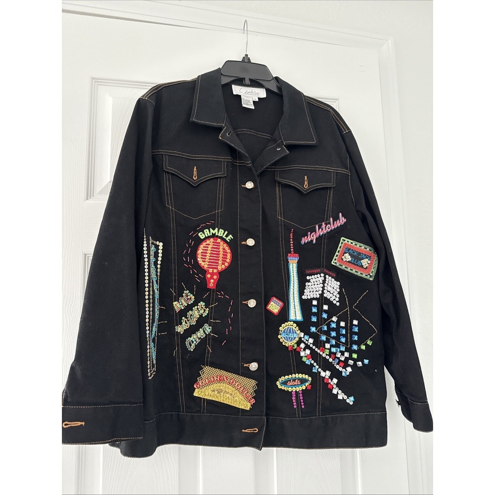 Diane's Essentials Jean Jacket Women's 1X Black‎ Las Vegas Casino Bling Sequins